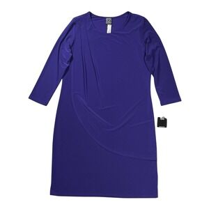 New Clara Sun Woo Blue Overlay Draped Dress Sz Medium 3/4 Sleeve Knee Length NWT